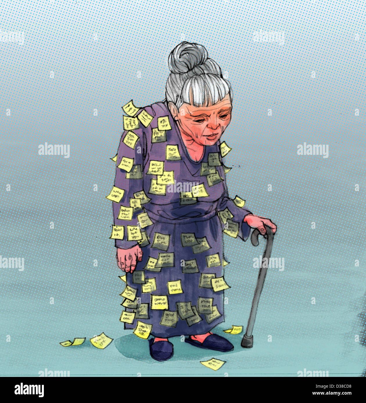 Anschauliches Bild der Seniorin mit Haftnotizen beigefügt auf Kleidung, Alzheimer-Krankheit darstellt Stockfoto