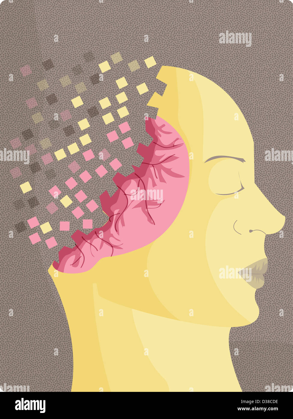 Anschauliches Bild der Frauenanteil mit verstreuten Kopf Vertretung der Alzheimer-Krankheit Stockfoto