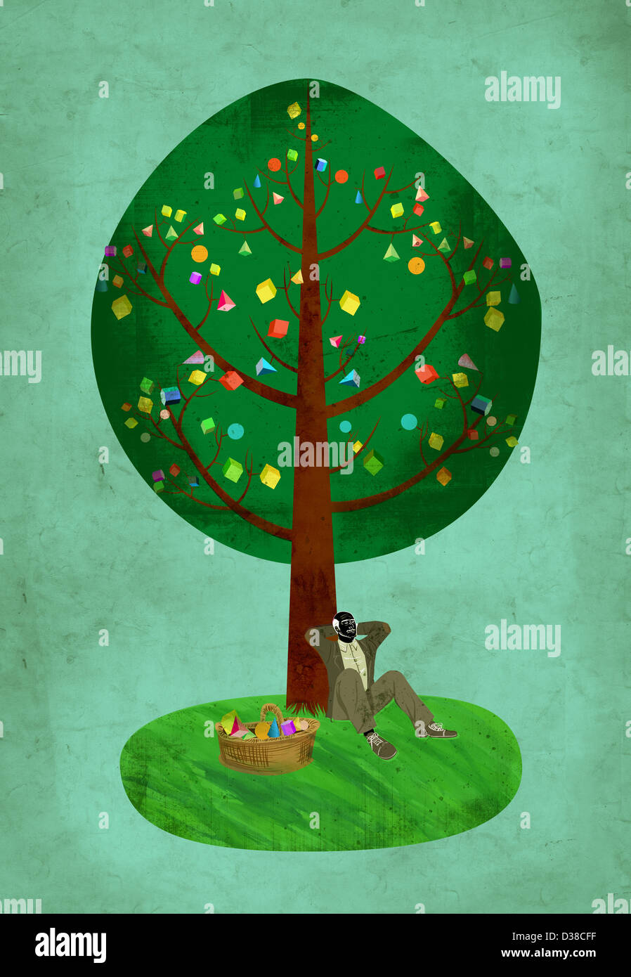 Illustrative senior Menschenbild ruhen gegen Baum, Rente darstellt Stockfoto