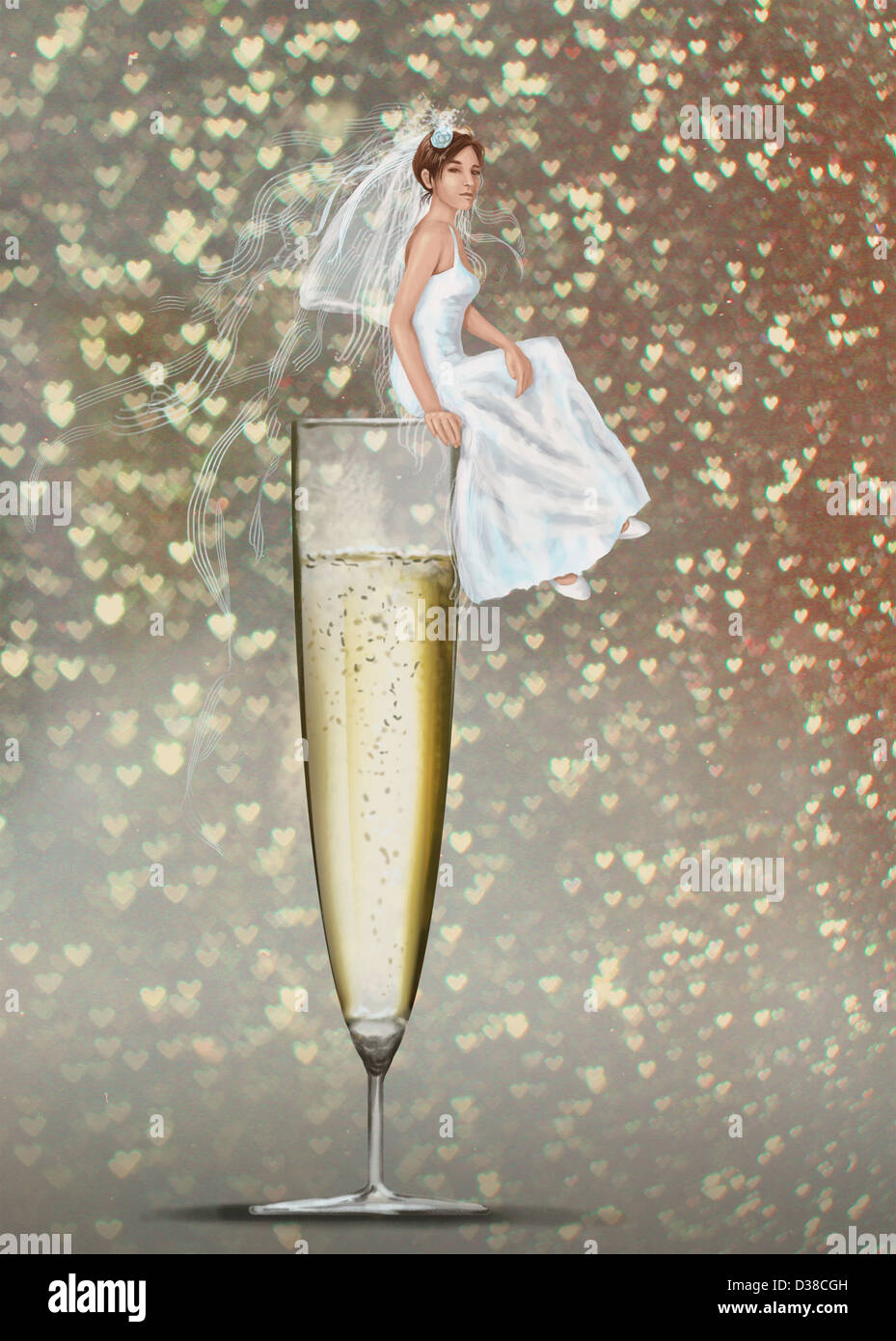 Anschauliche Bild der Braut sitzen auf Champagnerglas für Hochzeitsfeier Stockfoto