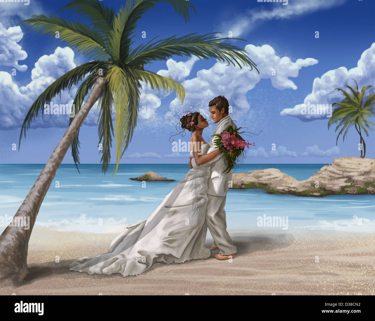 Anschauliches Bild neu verheiratetes Paar umarmt am Strand Stockfoto