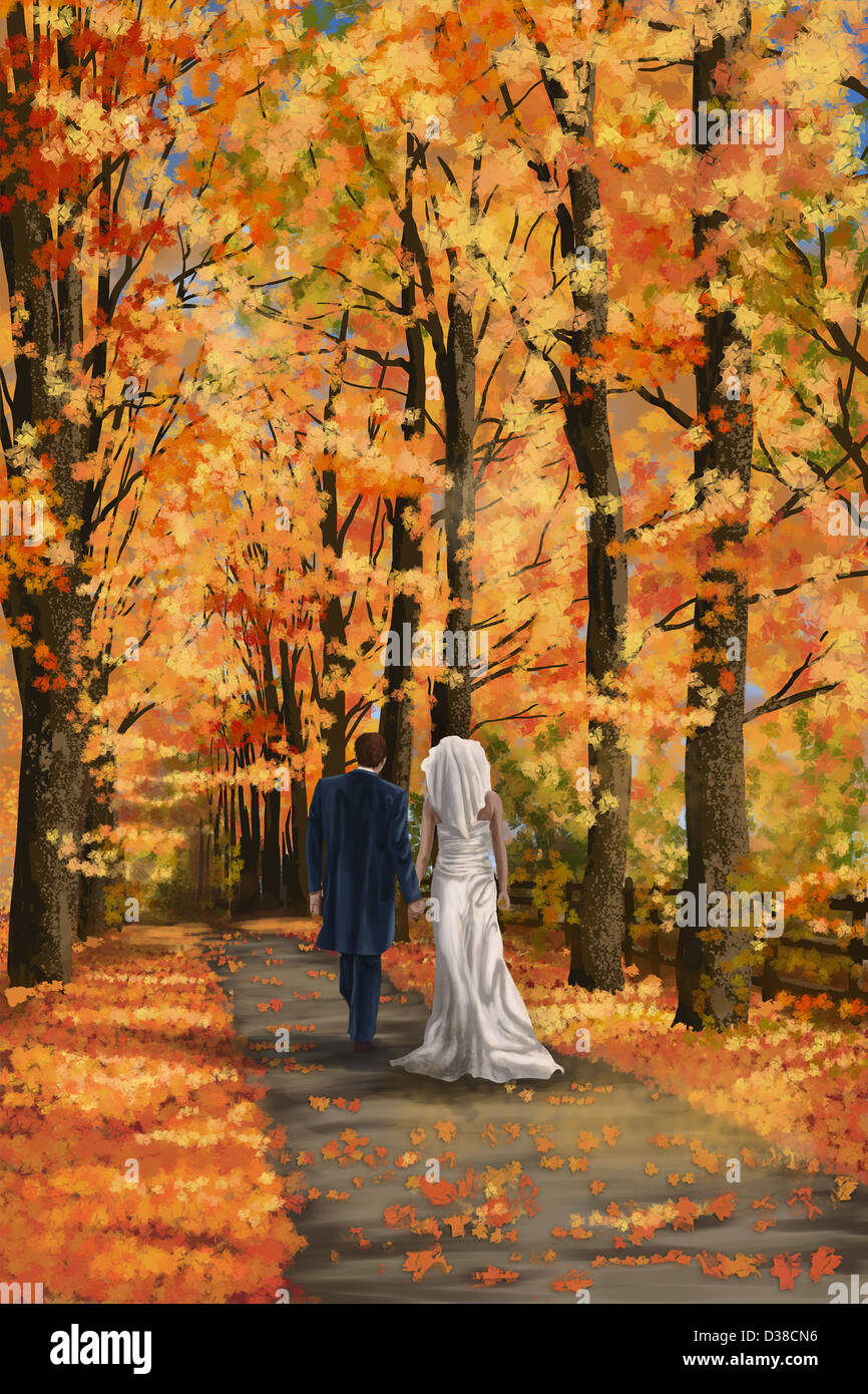 Anschauliches Bild neu verheiratetes Paar zu Fuß auf der schmalen Straße im Herbst Stockfoto
