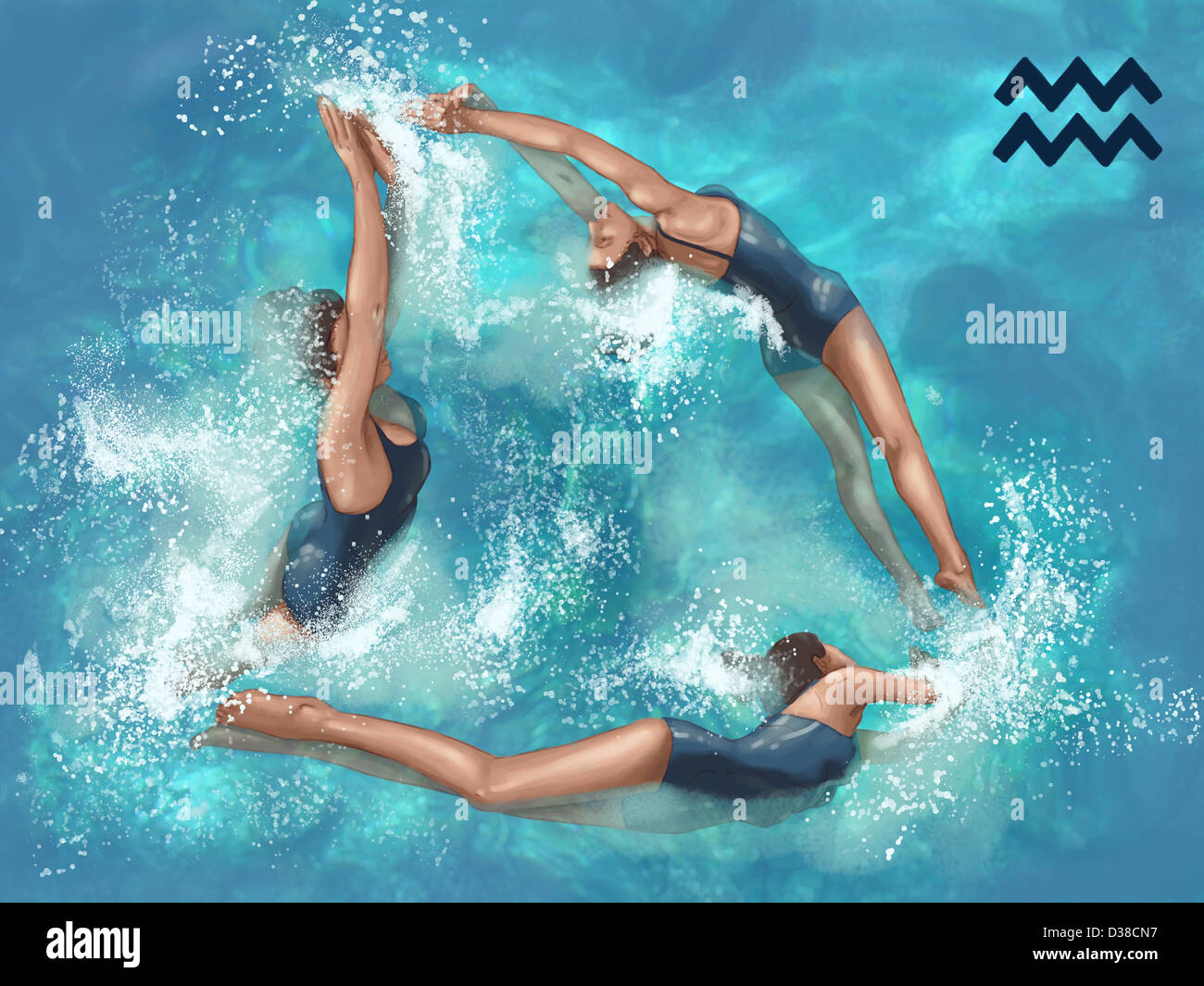Anschauliches Bild der Frau, die Durchführung Aerobic, Wassermann-Zeichen darstellt Stockfoto
