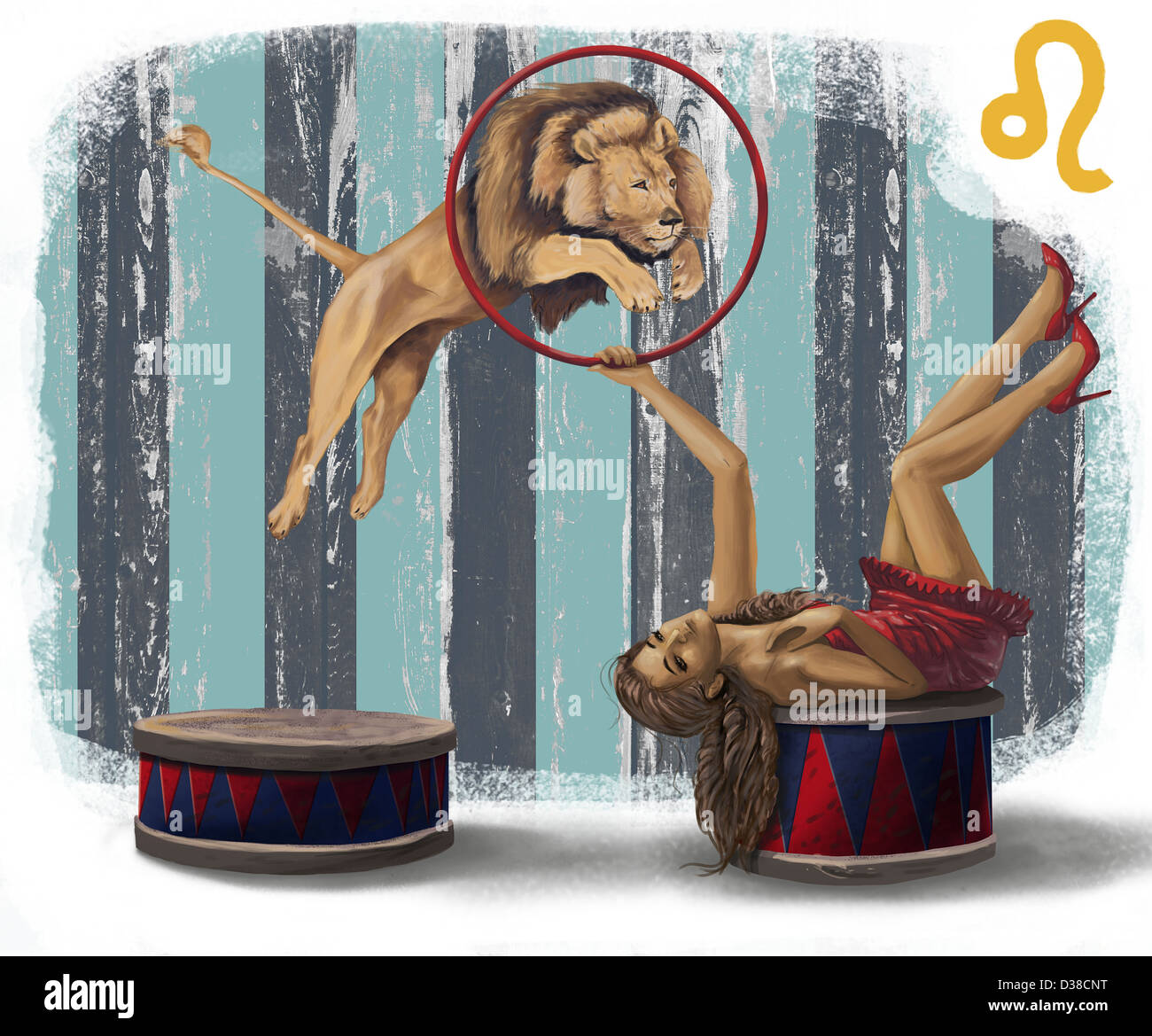 Anschauliches Bild des Löwen springen vom Ring, Leo Zeichen darstellt Stockfoto