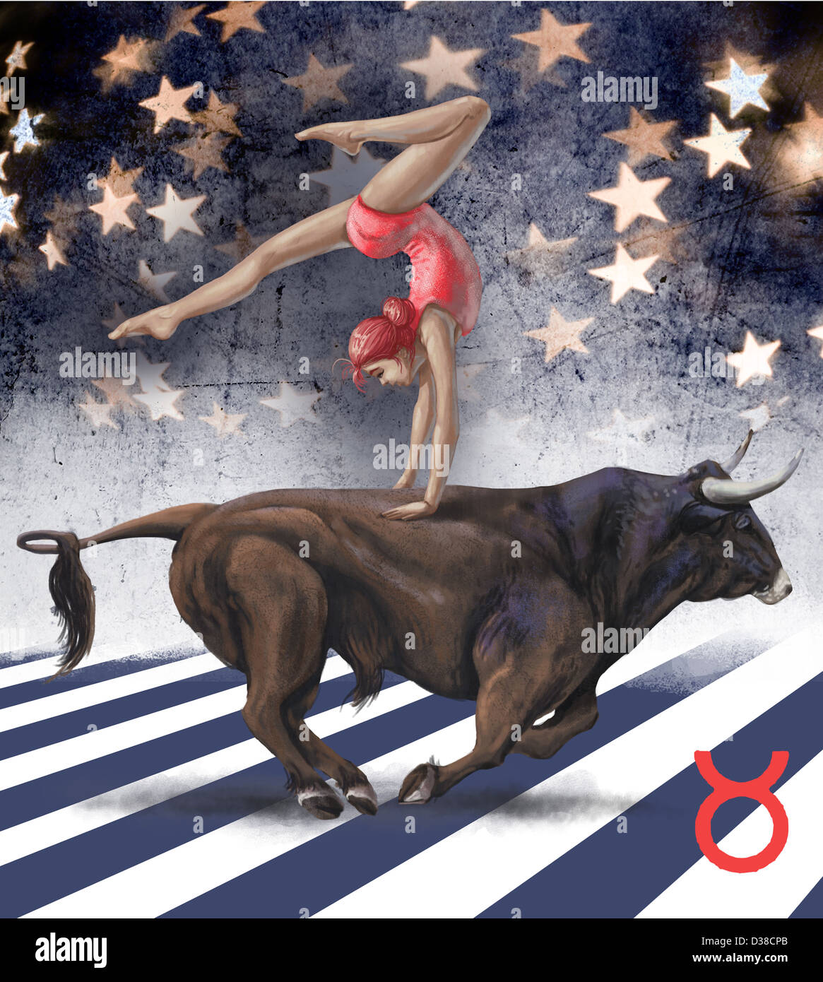 Anschauliches Bild der Frau, die Durchführung auf Stier, Stier-Zeichen darstellt Stockfoto