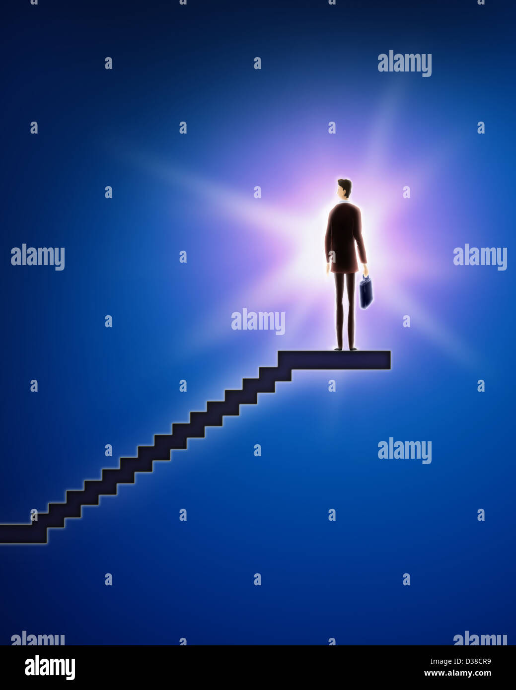 Anschauliches Bild der Geschäftsmann stehend auf der Treppe, Sieg darstellt Stockfoto