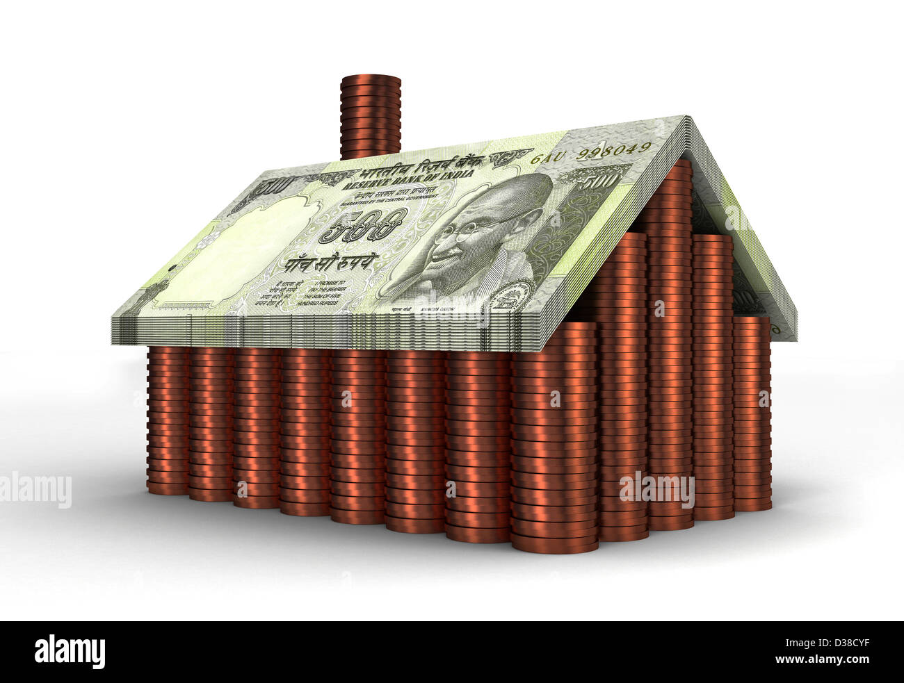 Anschauliches Bild von Haus aus mit Geld aus Darlehen Stockfoto