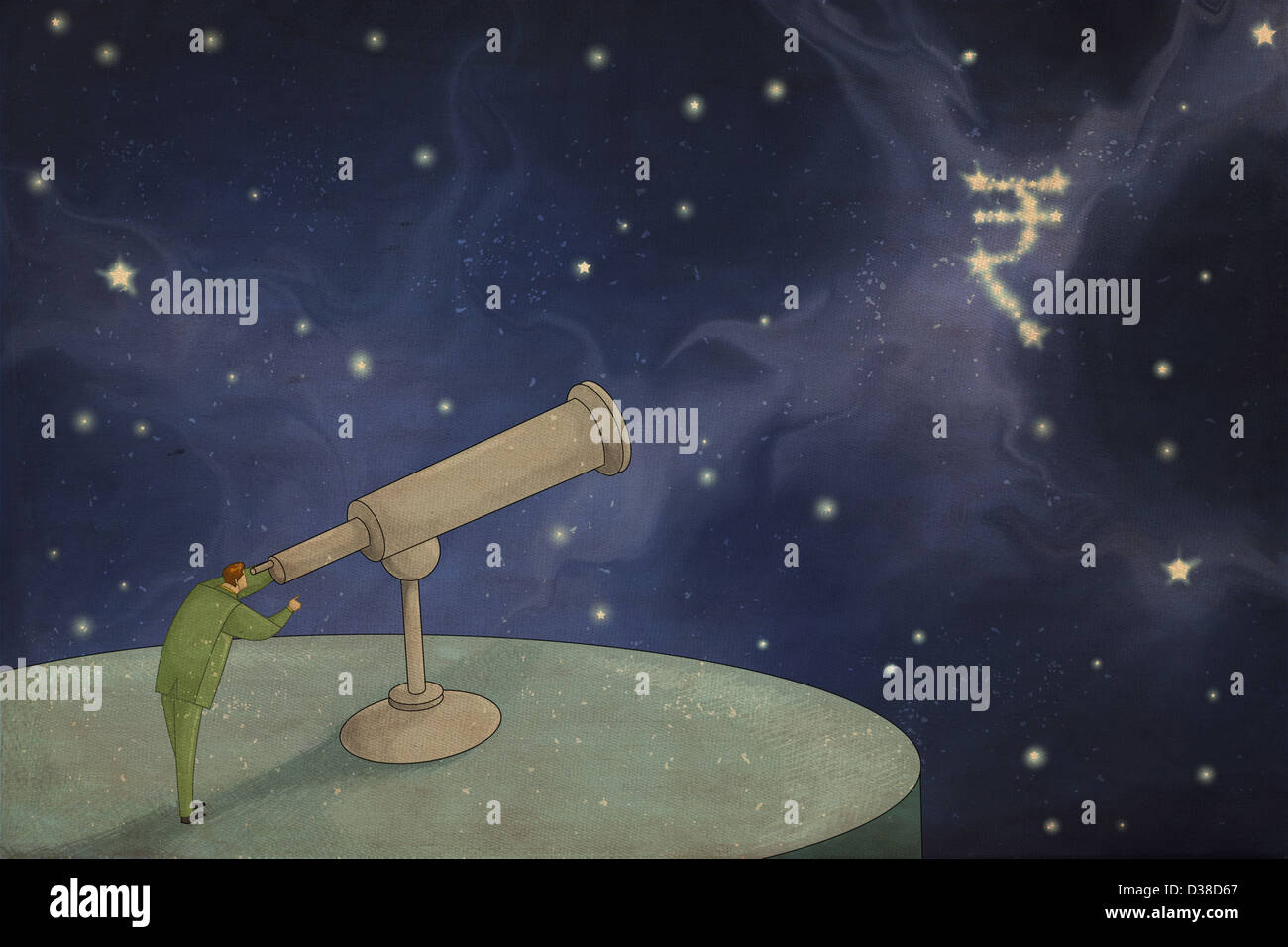 Anschauliche Bild der Geschäftsmann durch Teleskop in indischer Währungssymbol für Prognose und Ziel suchen Stockfoto