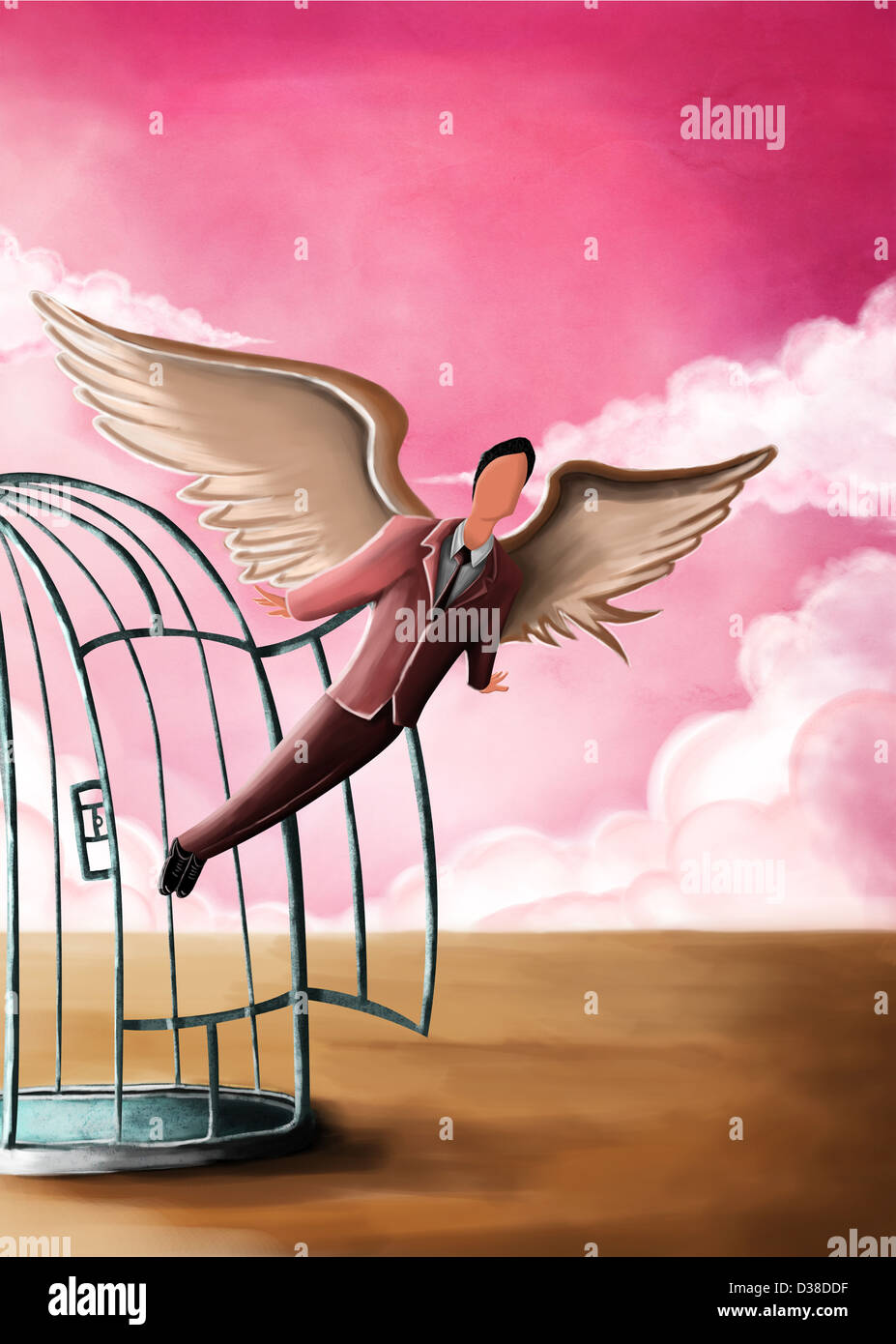 Anschauliches Bild des Geschäftsmann flogen aus Käfig, Freiheit darstellt Stockfoto