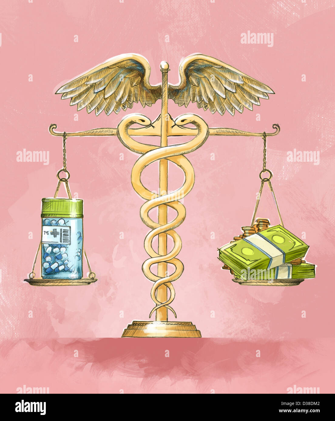 Anschauliches Bild von Medizinfläschchen und Bargeld in Waage gemessen Stockfoto