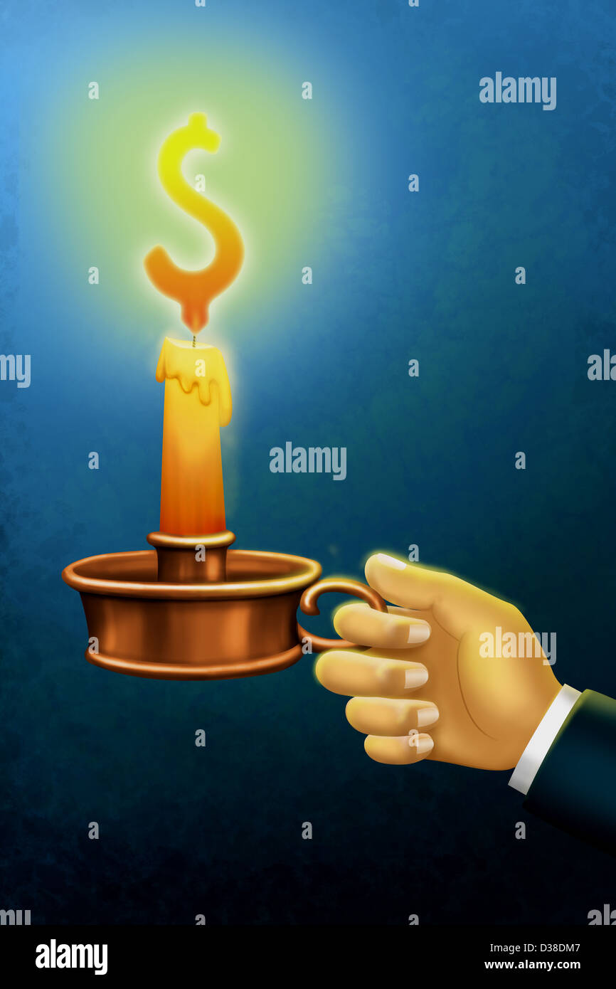 Anschauliches Bild von Hand, die brennende Kerze aus Hoffnung vor blauem Hintergrund Stockfoto