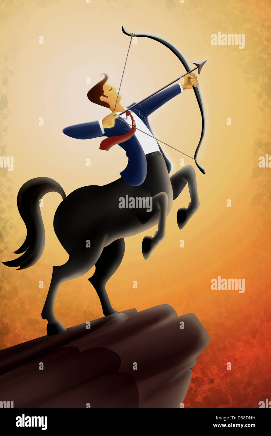Anschauliches Bild der Geschäftsmann mit dem Ziel, Pfeil und Bogen gegen Himmel Stockfoto