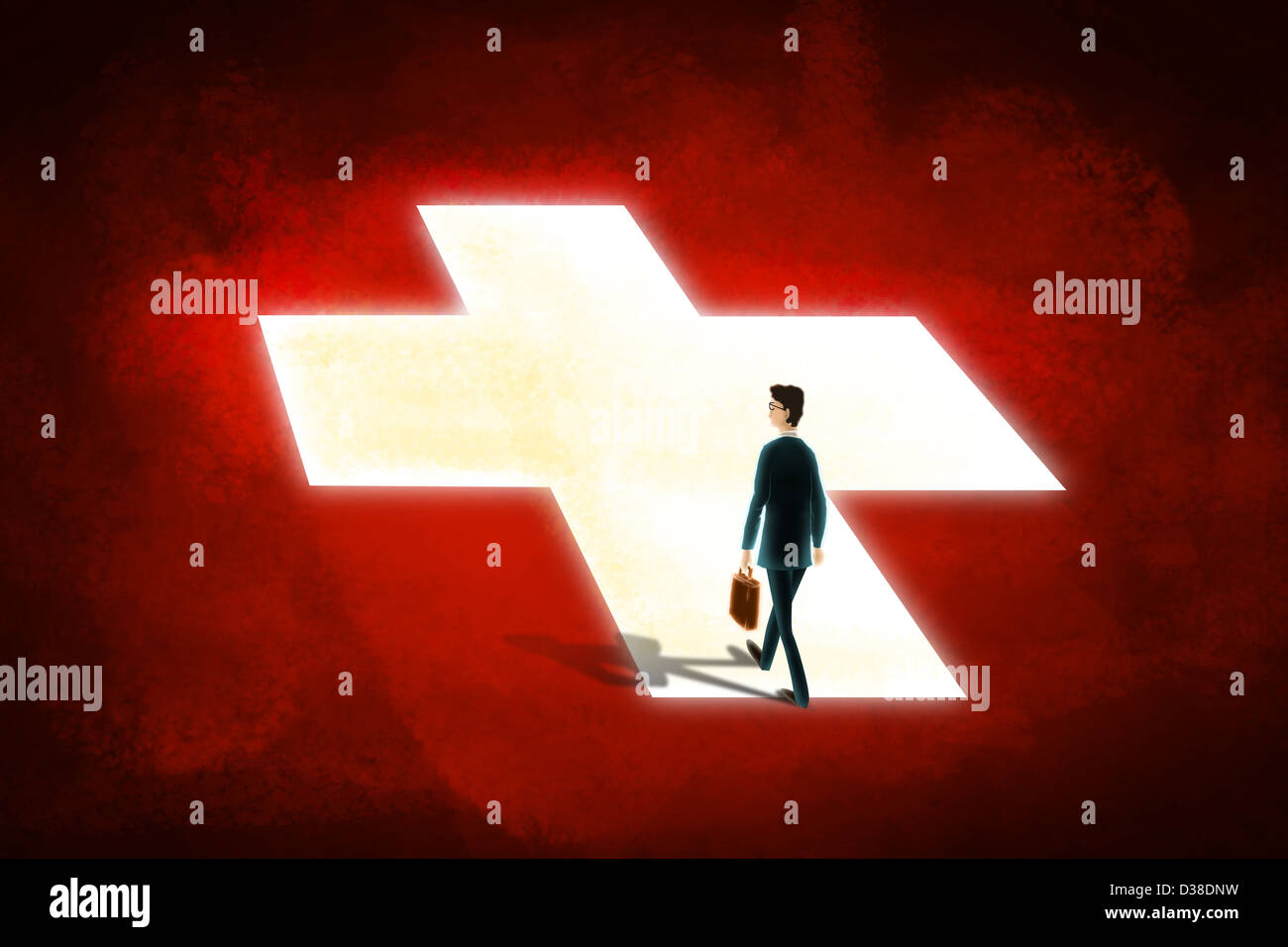 Anschauliches Bild der Geschäftsmann zu Fuß auf erste-Hilfe-Zeichen Stockfoto