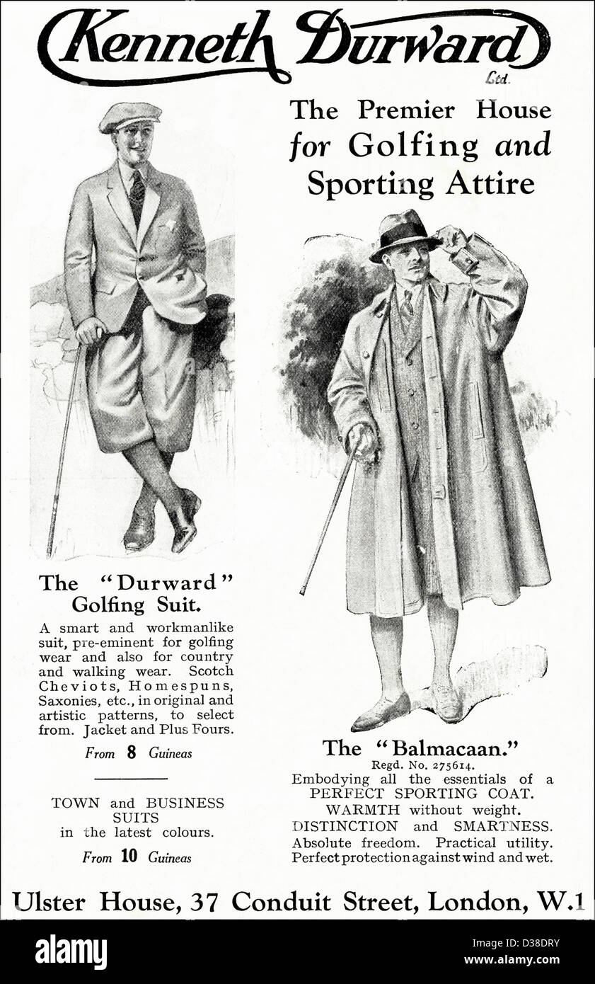 Original 1920er Jahre Vintage Printwerbung aus englischer Country Gentleman Zeitung Werbung Golfen und sportliche Kleidung von Kenneth Durward der Conduit Street London Stockfoto