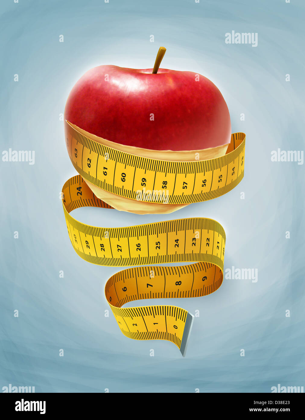 Anschauliches Bild eines Apfels gewickelt mit Maßband, darstellt, eine Diät Stockfoto