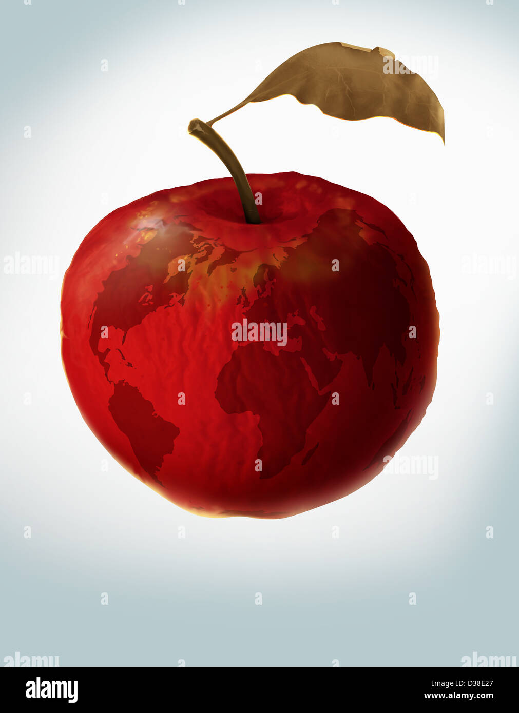 Anschauliches Bild eines Apfels mit Weltkarte für Umweltschäden Stockfoto