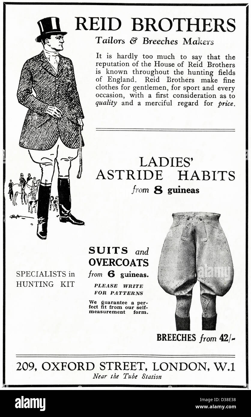 Original 1920er Jahre Vintage Printwerbung aus englischen Country Gentlemans Zeitung Werbung Reid Brüder Schneider & Reithose Macher von Oxford Street London Stockfoto