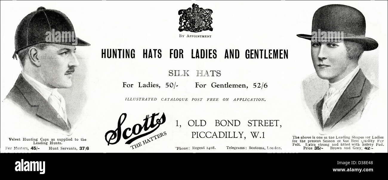 Original 1920er Jahre Vintage Printwerbung aus englischer Country Gentleman Zeitung Werbung Jagd Hüte für Damen und Herren von Scotts The Hatters of Old Bond Street London Stockfoto