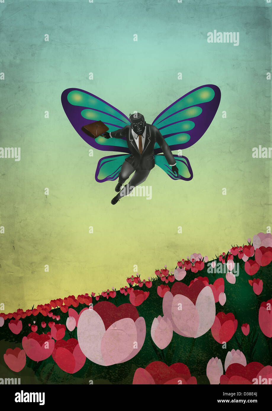 Anschauliches Bild der Geschäftsmann fliegt mit Schmetterlingsflügeln über Blumen vertritt Unternehmung Stockfoto
