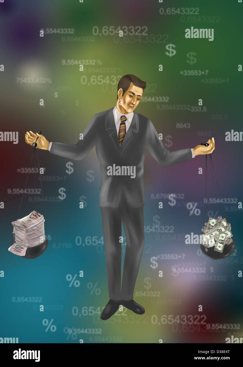 Anschauliches Bild der Geschäftsmann mit einem Gewicht von Geld und Grafik im Maßstab darstellt, Budgetierung Stockfoto