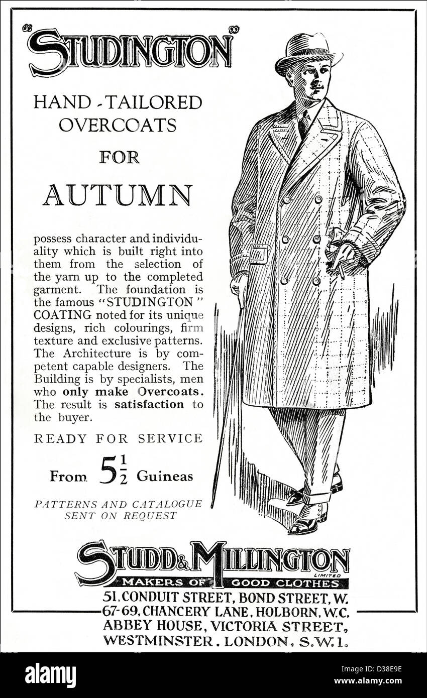 Original 1920er Jahre Vintage print Werbung von Englisch Landherr Zeitung Werbung Hand zugeschnitten Mäntel von Minton & Millington von London Stockfoto