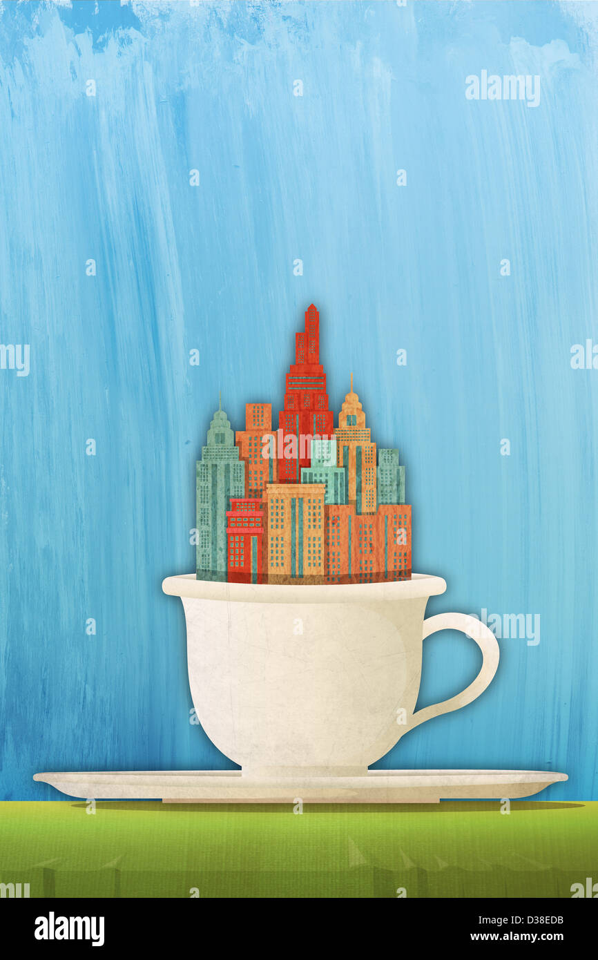 Anschauliches Bild von Gebäuden in Vertretung Stadtnachrichten beim morgendlichen Tasse Kaffee Kaffeetasse Stockfoto