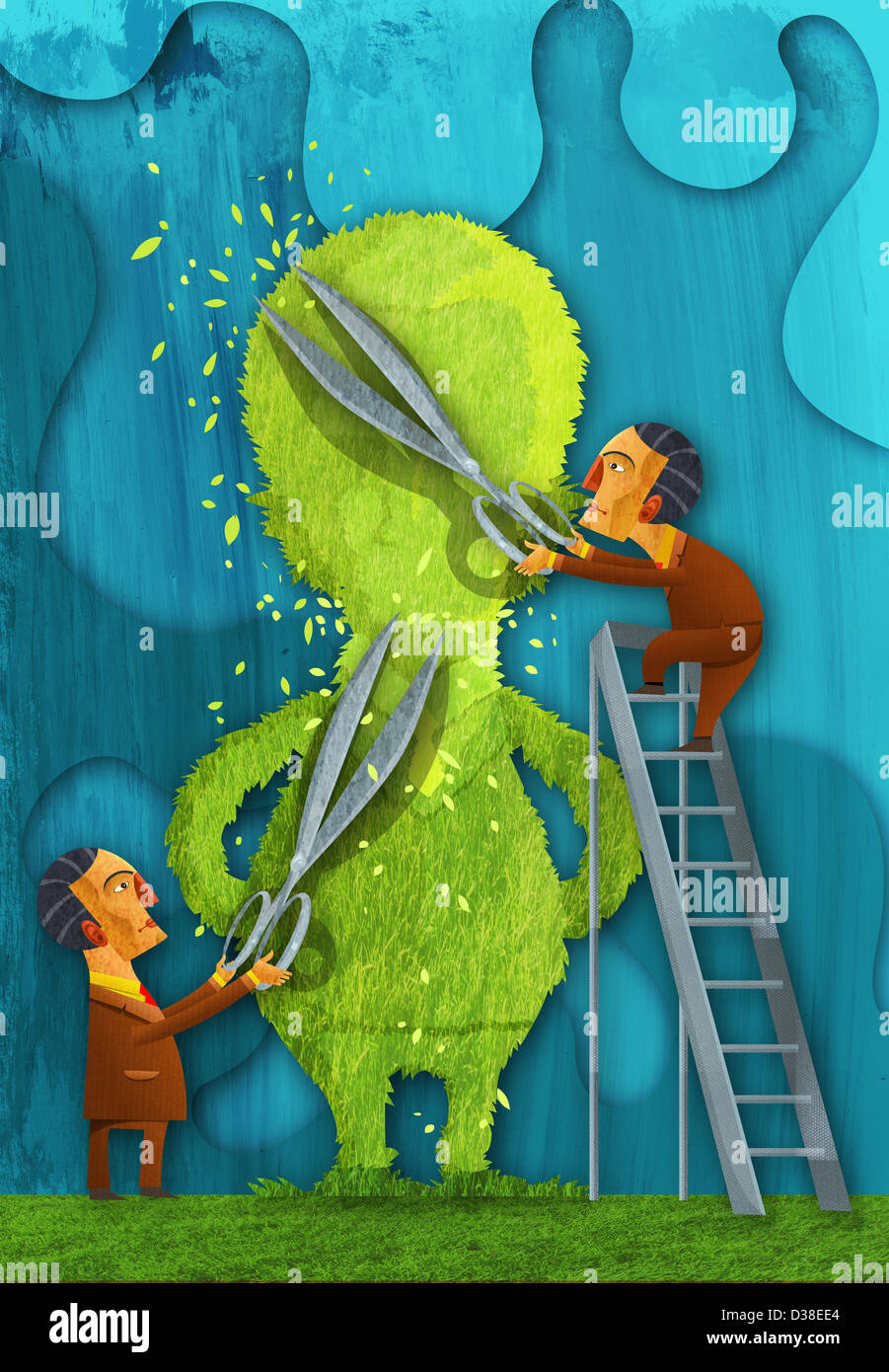 Anschauliches Bild Geschäftsmann schneiden Baumes, Kostensenkung darstellt Stockfoto
