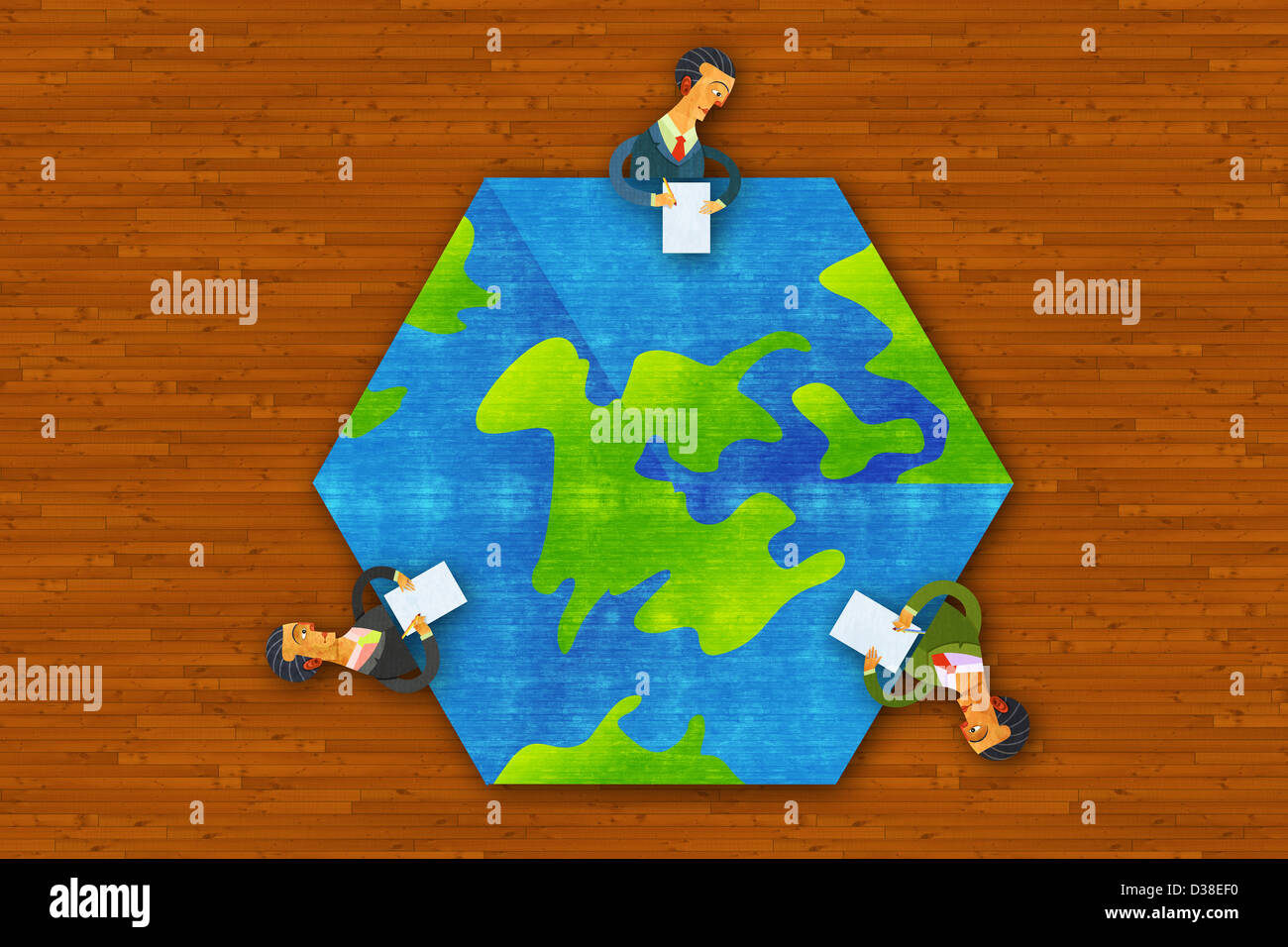Anschauliches Bild von Geschäftsleuten um Erde vertreten global Business-meeting Stockfoto