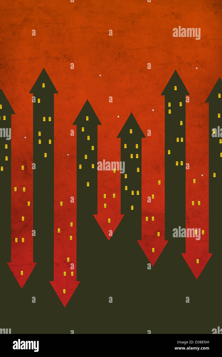 Anschauliches Bild von roten und schwarzen Pfeilen aus Höhen und Tiefen im Immobilienmarkt Stockfoto