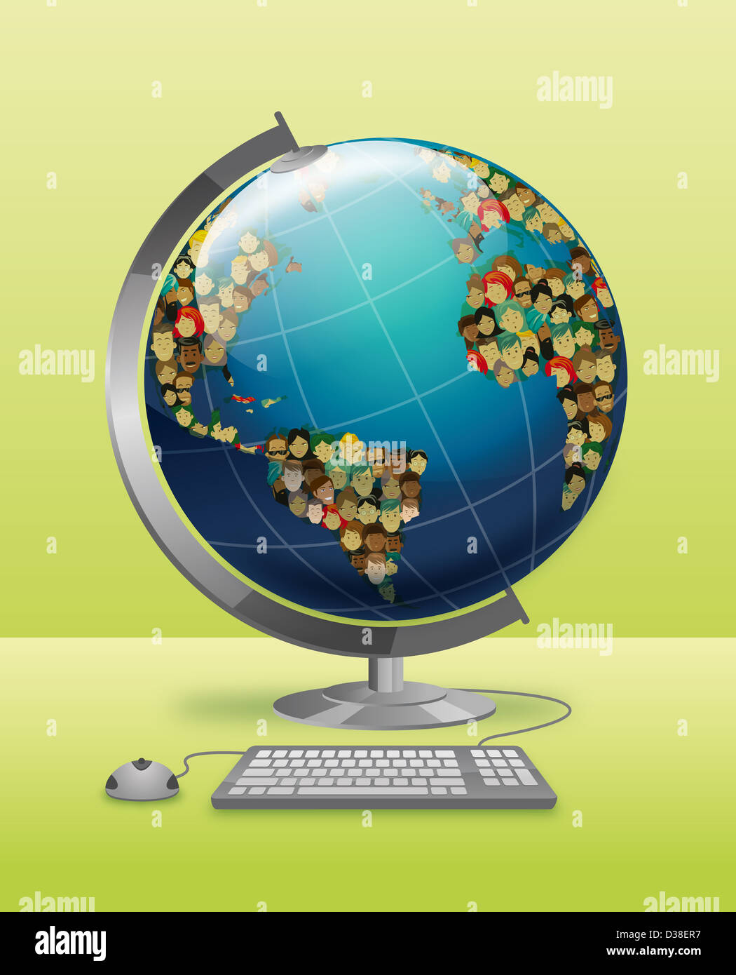 Anschauliches Bild der Welt verbunden mit Tastatur und Maus für soziale Netzwerke Stockfoto