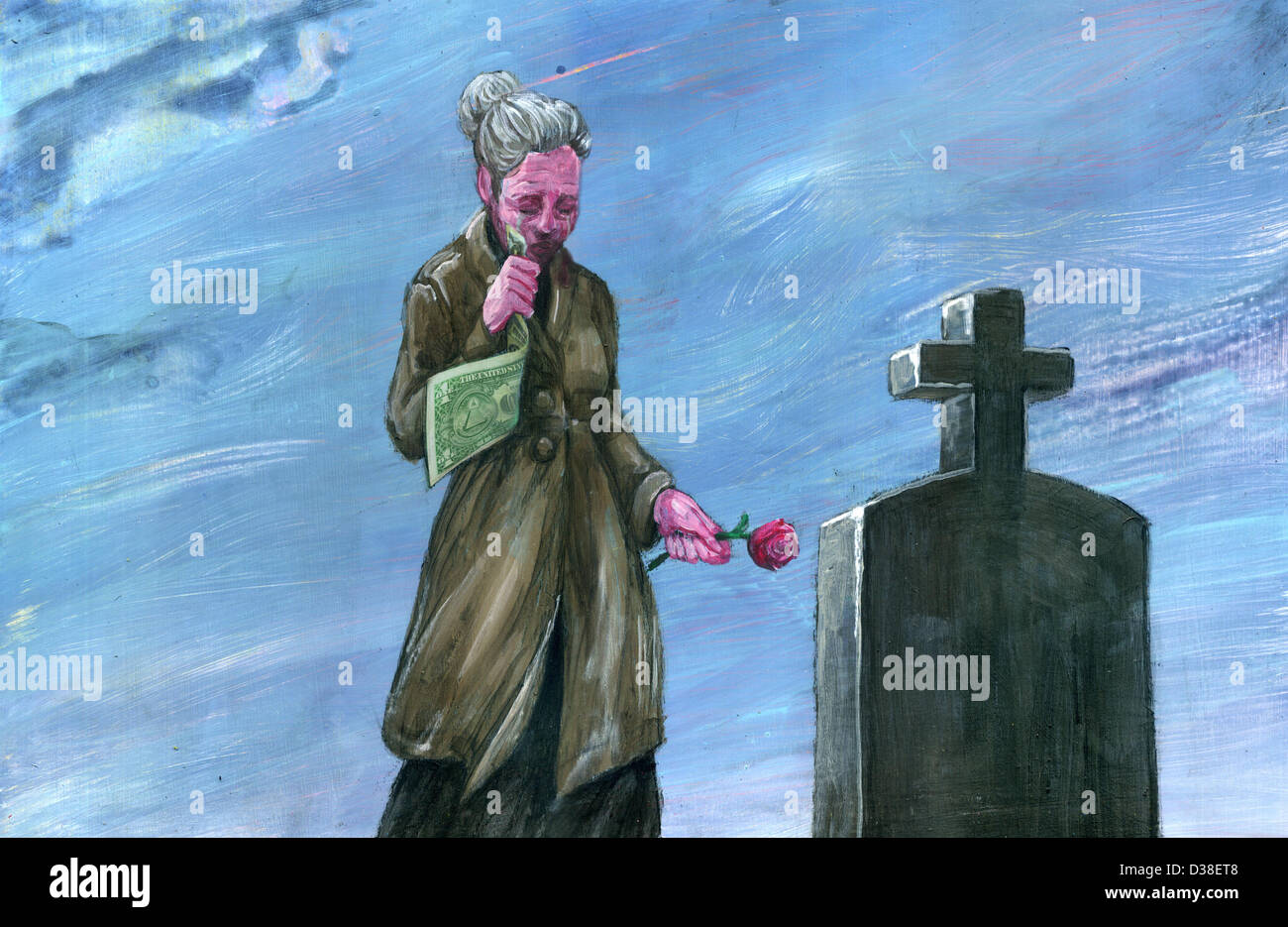 Anschauliches Bild der senior Frau mit Geld und Blume vor Friedhof Stockfoto