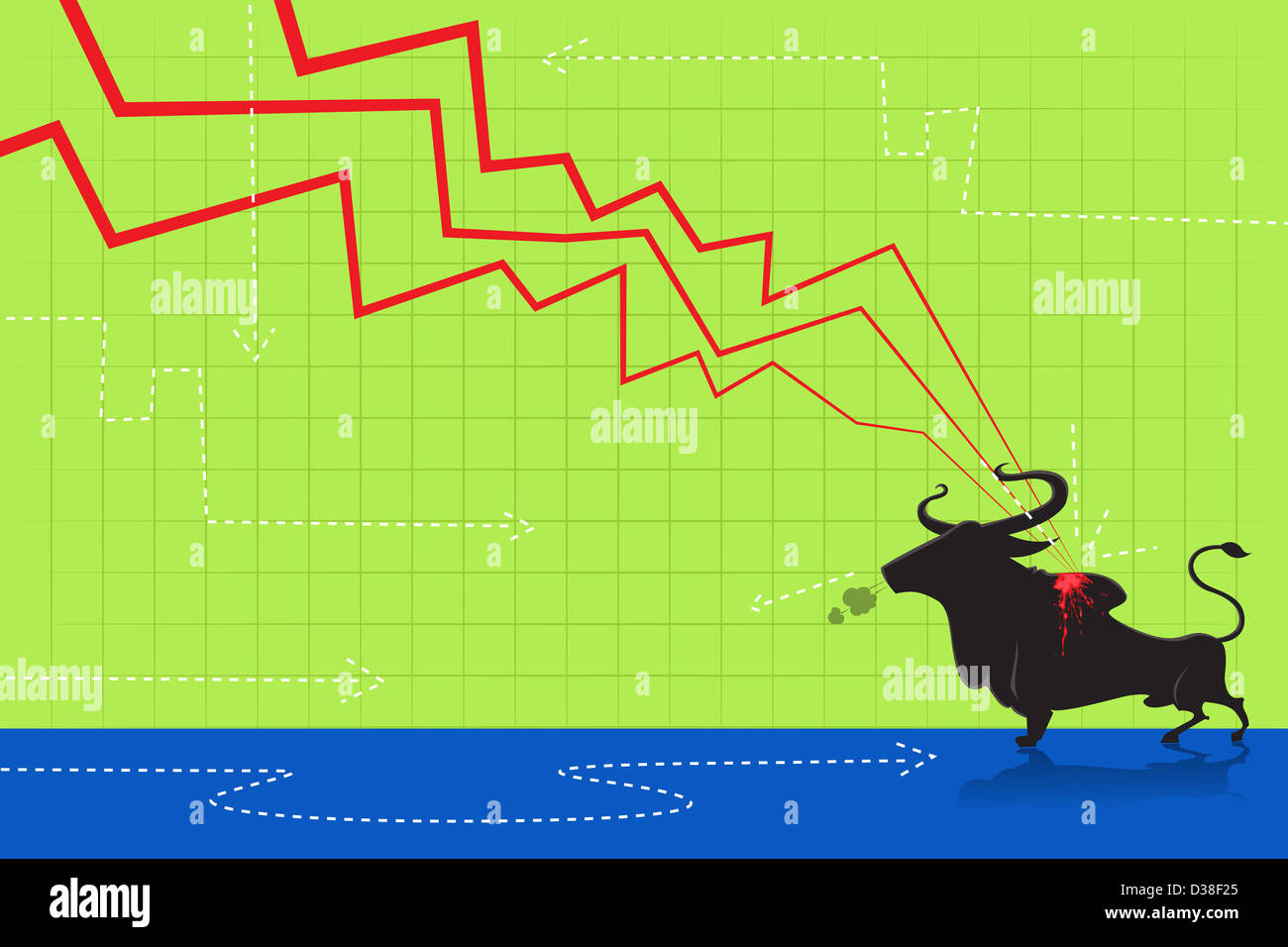 Anschauliches Bild der abwärts geneigten Liniendiagramm angreifenden Stier die Verlust in Hausse Stockfoto