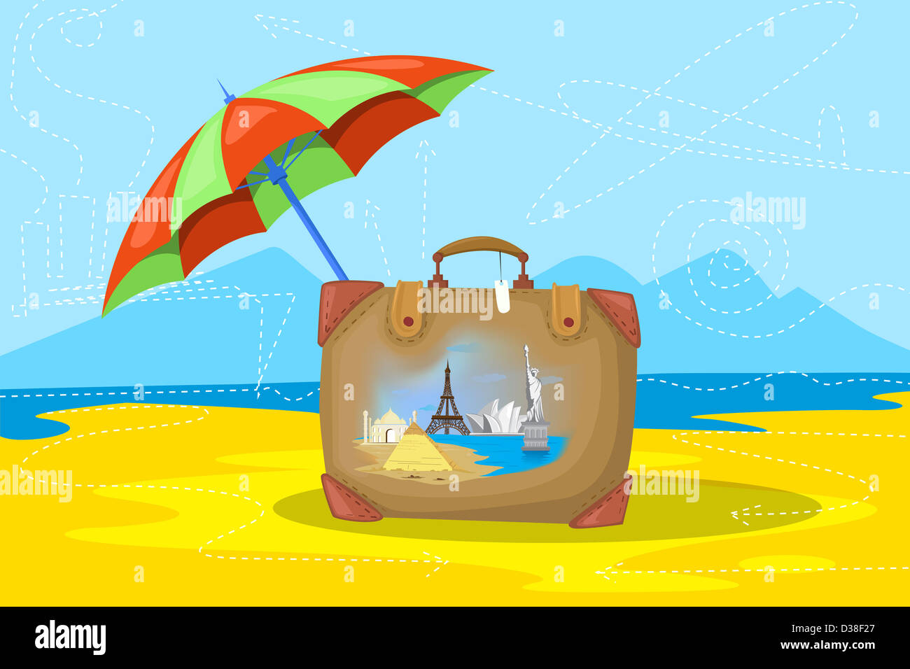 Anschauliches Bild Gepäck und Regenschirm repräsentieren versichert Weltreise Stockfoto