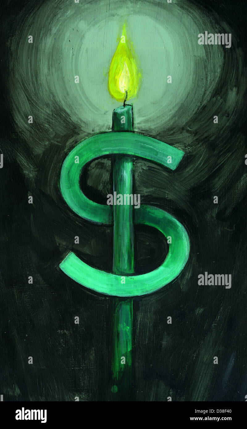 Anschauliches Bild von grünes Dollarzeichen und brennende Kerze Stockfoto