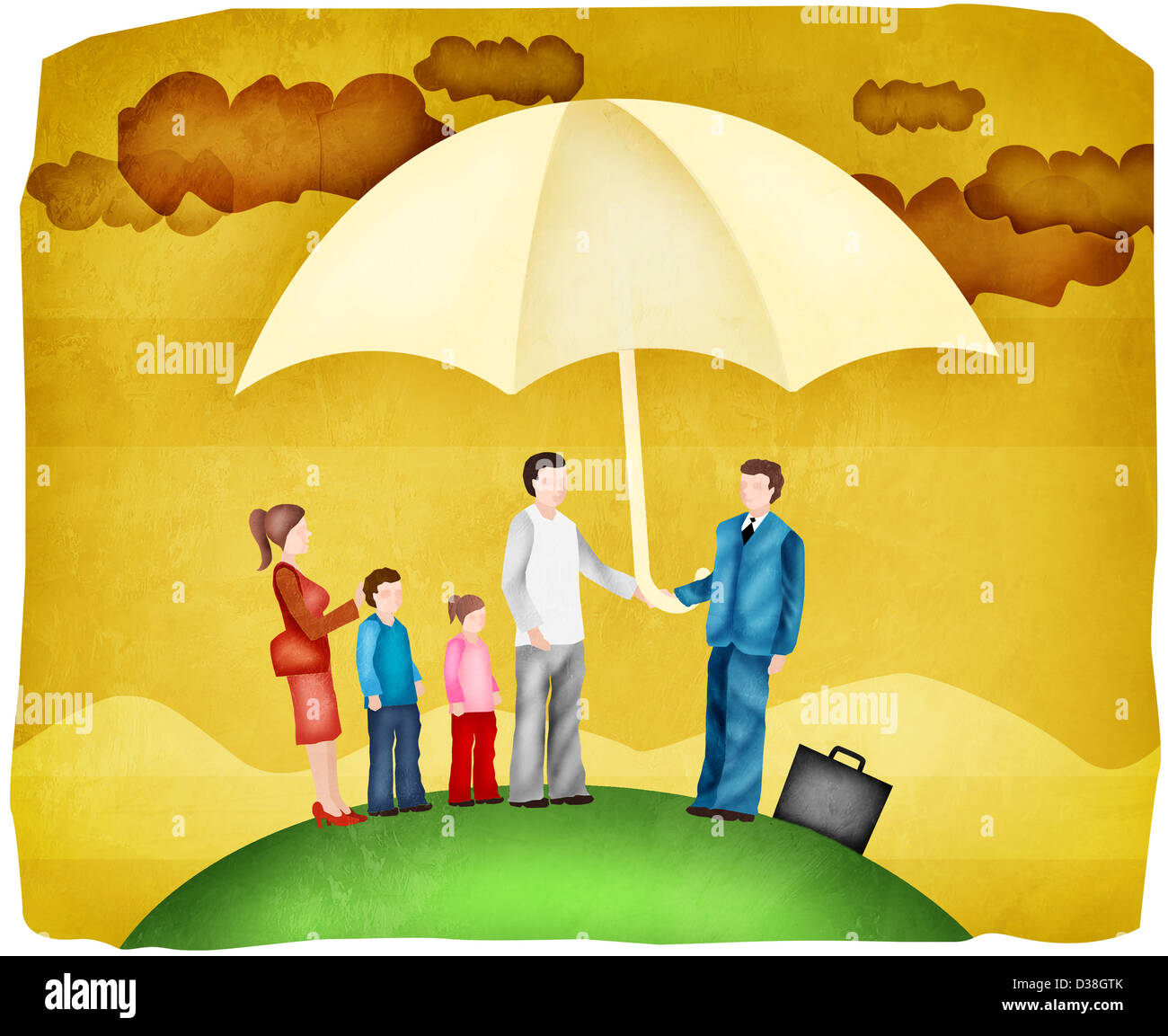 Familie Zuflucht unter einem Regenschirm Versicherungsschutz Stockfoto