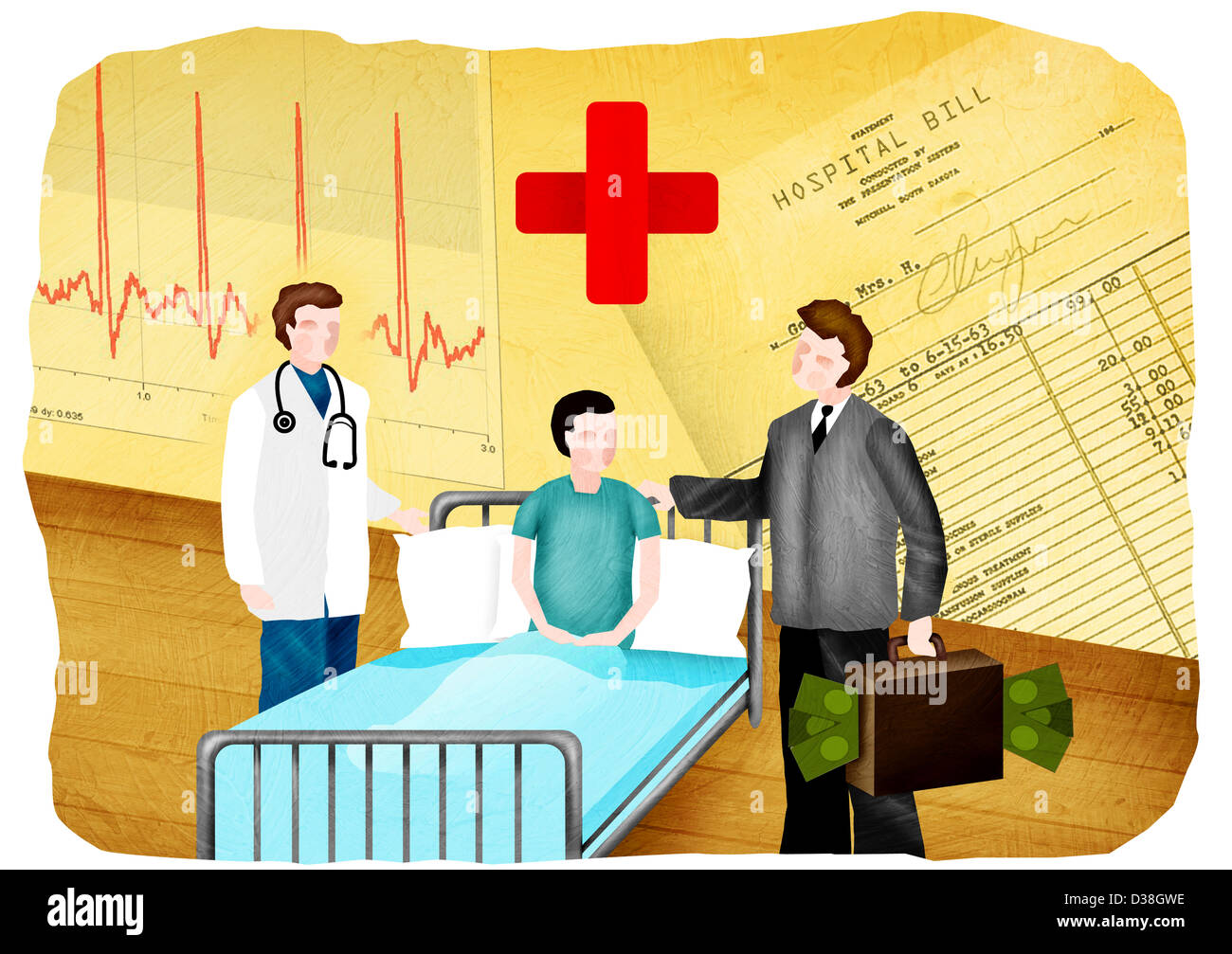 Arzt und eine medizinische Versicherungs-Agent mit einem Patienten in einem Krankenhaus Stockfoto