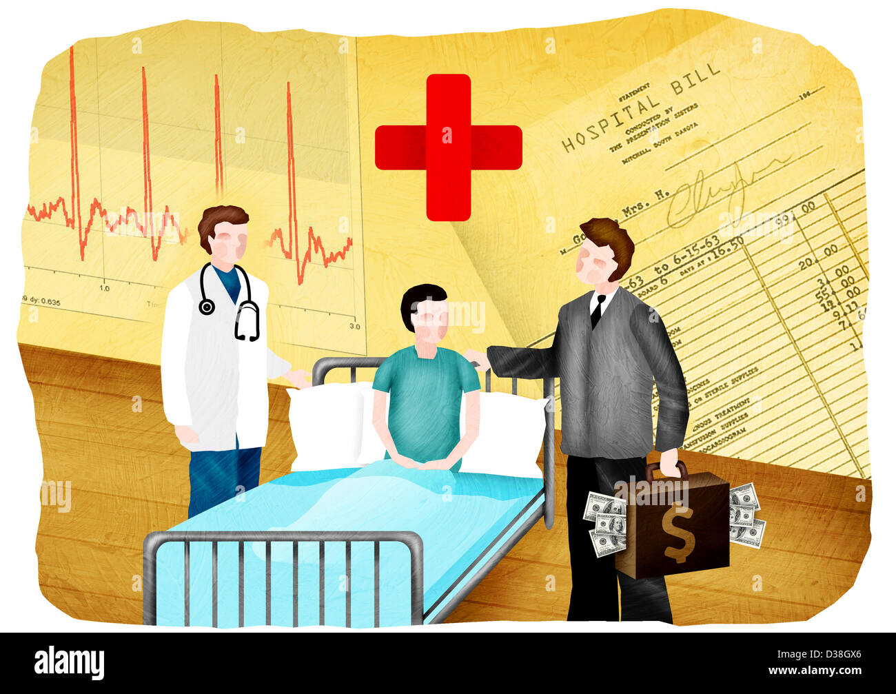 Arzt und eine medizinische Versicherungs-Agent mit einem Patienten in einem Krankenhaus Stockfoto