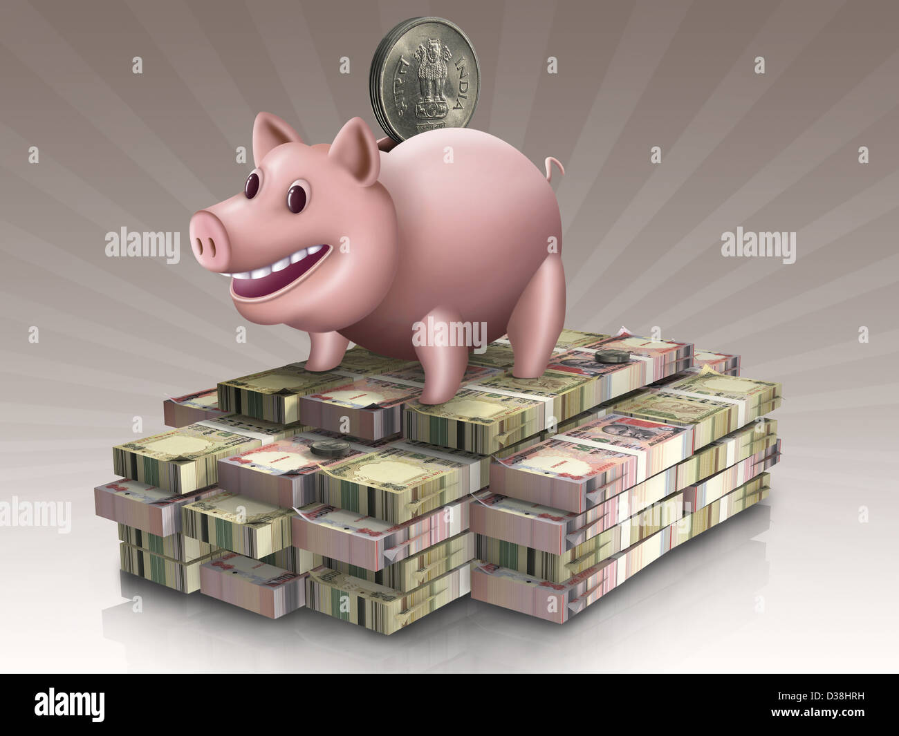 Sparschwein über Stapel von Papier-Währung Stockfoto