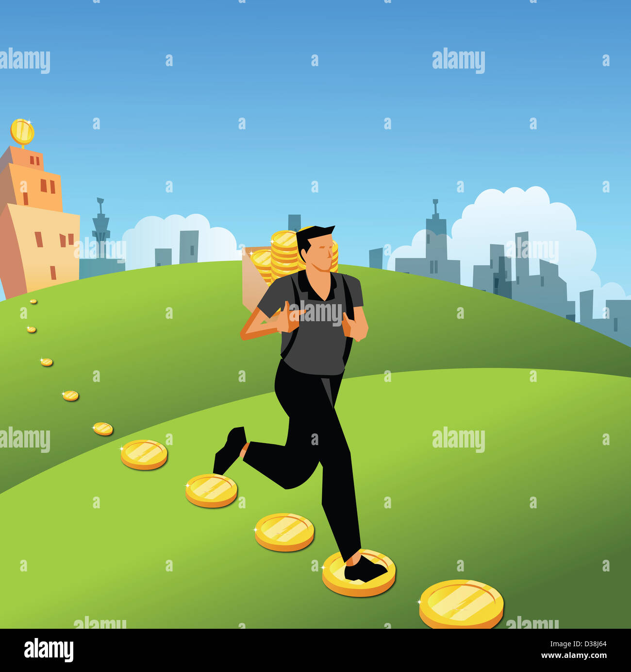 Mann läuft mit einem Beutel mit Münzen auf dem Rücken Stockfoto