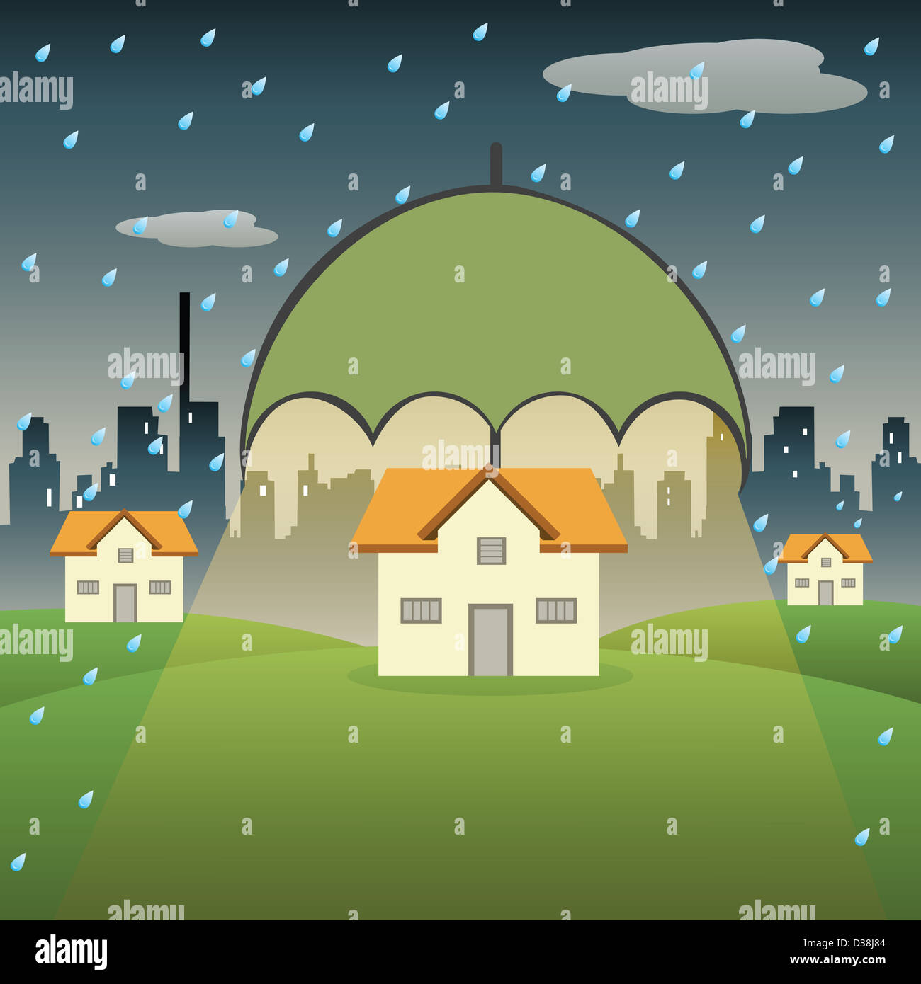 Haus bergende mit einem Versicherung Regenschirm im Regen Stockfoto