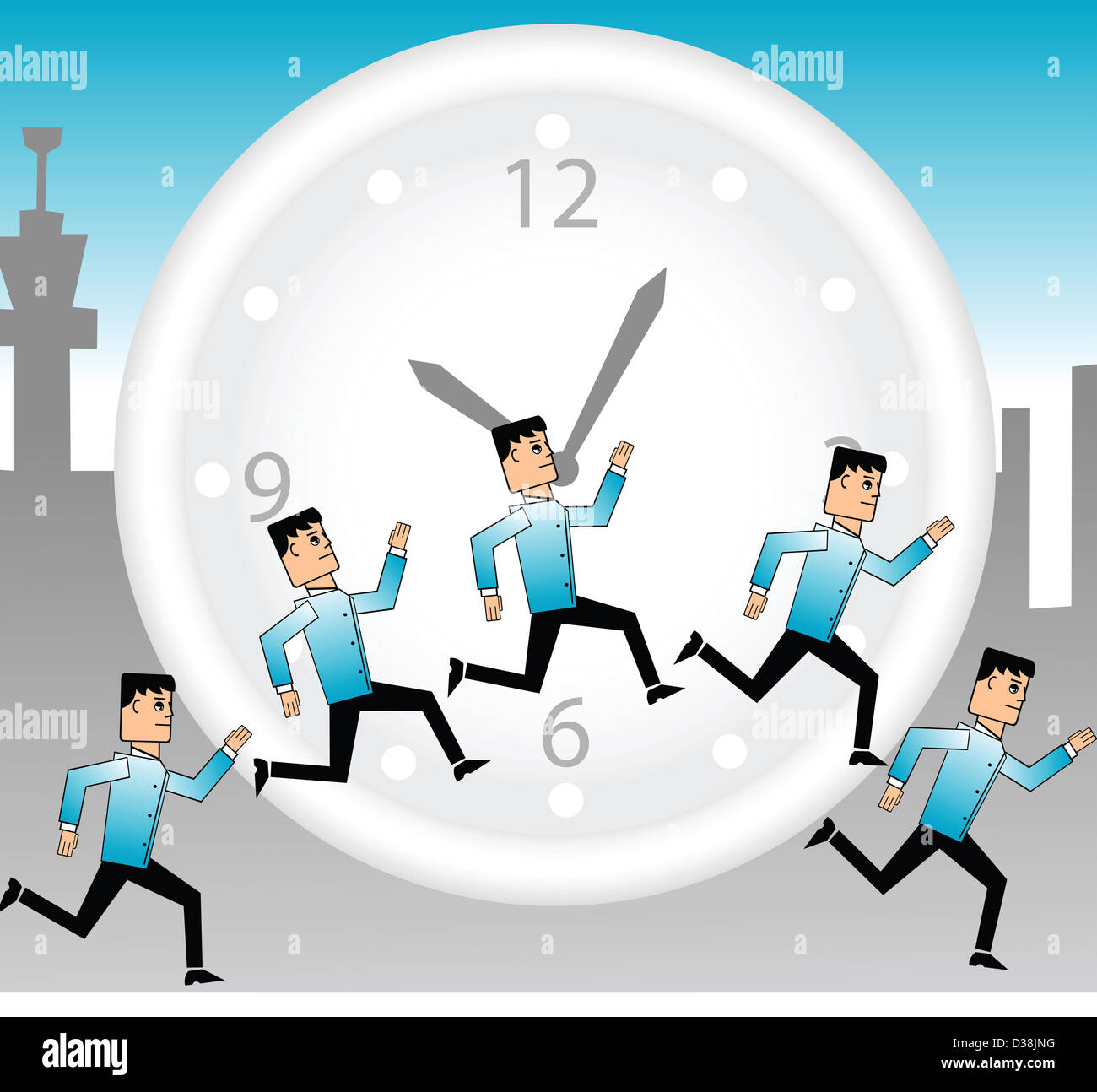 Abbildung von Geschäftsleuten, die rund um die Uhr laufen Stockfoto