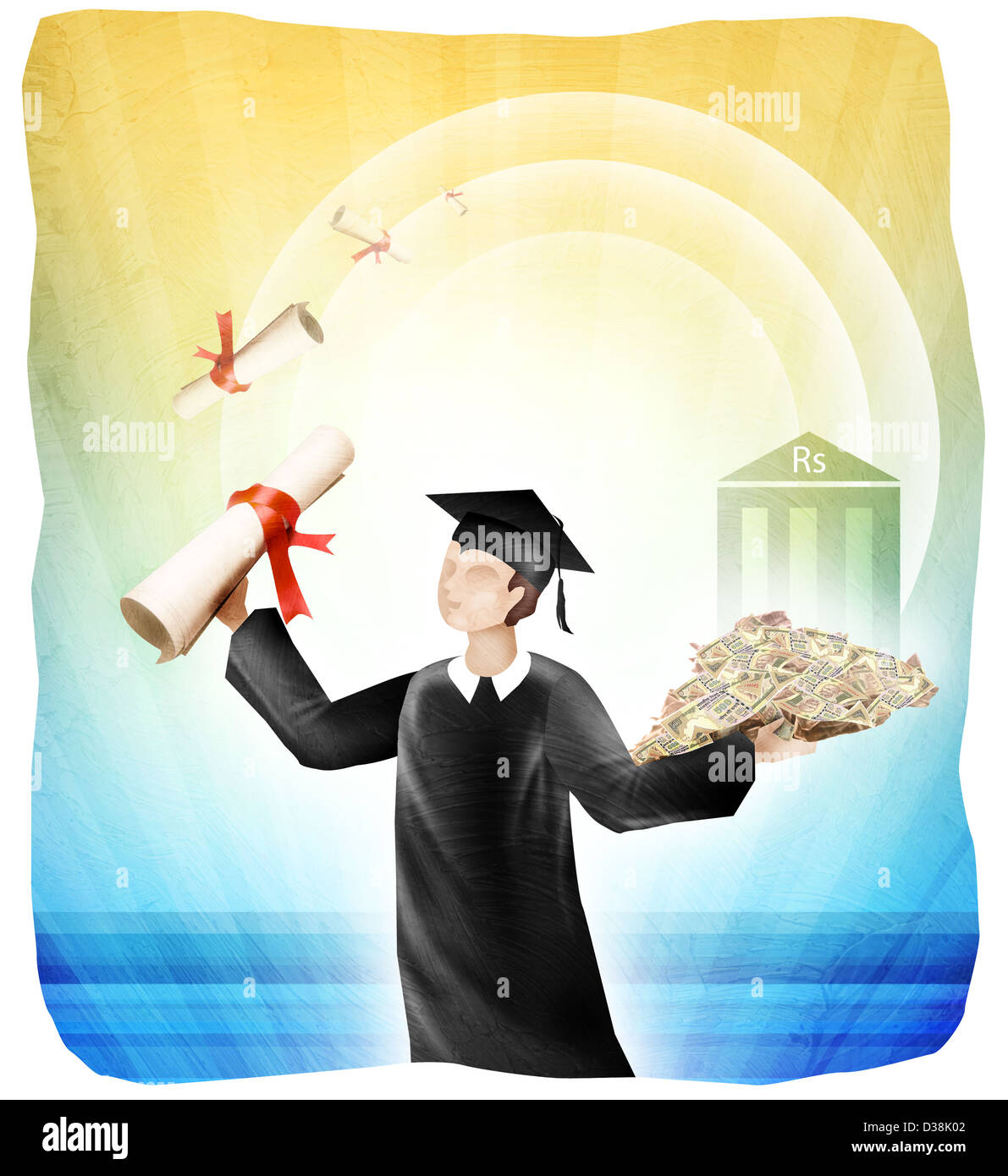 Studentin mit Diplom und Geld Stockfoto
