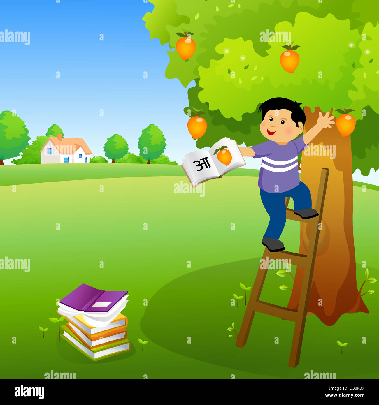 Junge hält ein Buch und einen Mango-Baum klettern Stockfoto