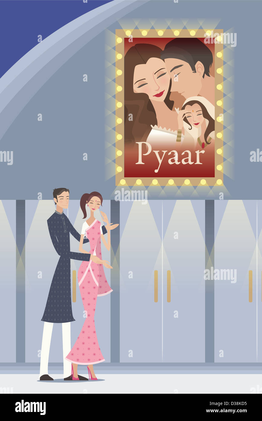 Paar vor Hindi Kino Plakat Stockfoto