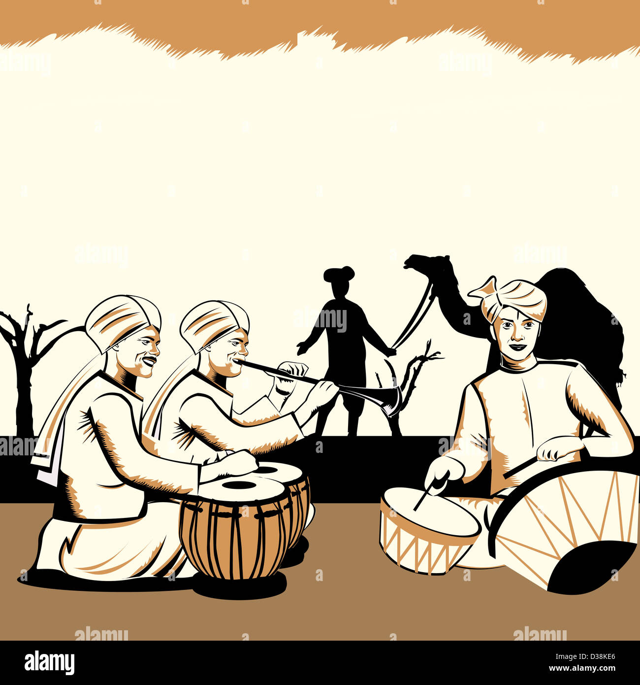 Drei Männer spielen Musikinstrumente, Rajasthan, Indien Stockfoto