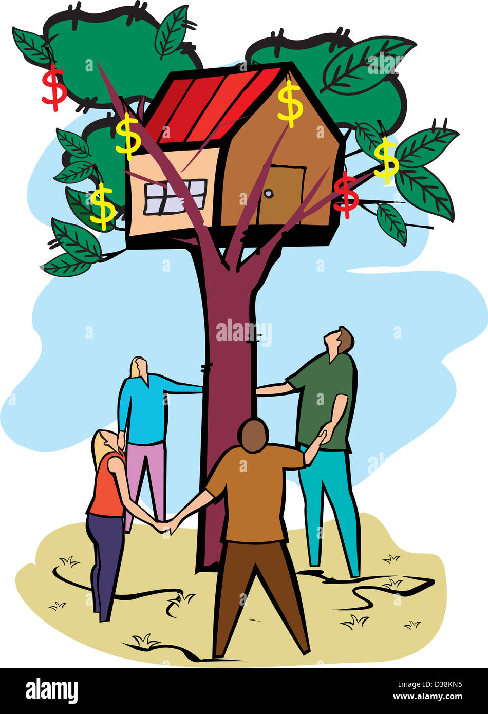 Vier Menschen, die rund um ein Haus auf einem Baum stehen Stockfoto