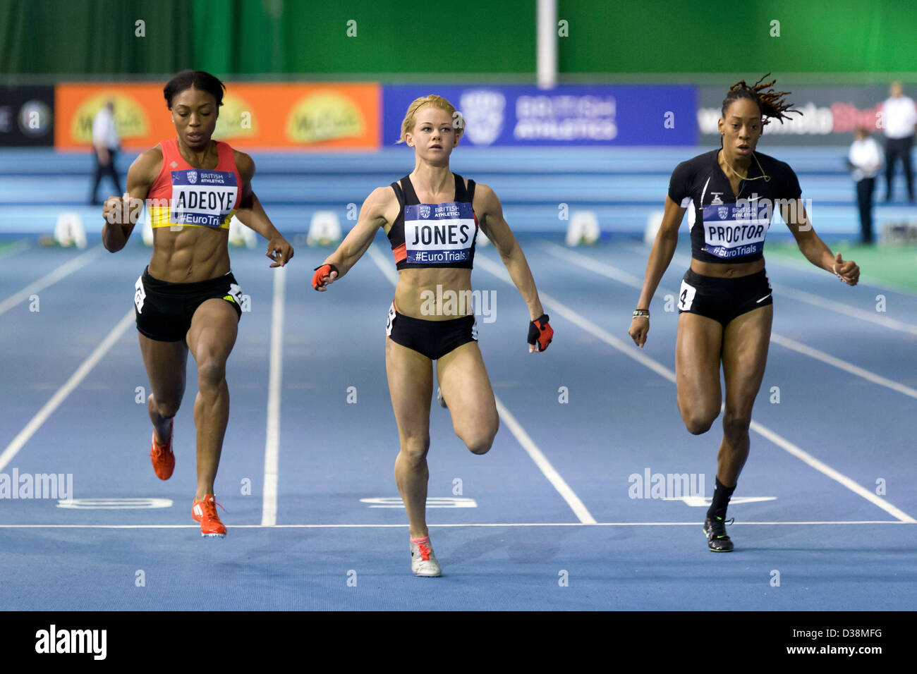 Hayley JONES, Margaret ADEOYE & Shara PROCTOR, 60m Frauen Hitze 3, 2013 britischen Leichtathletik Studien in Europa (EIS) Sheffield, UK. Stockfoto
