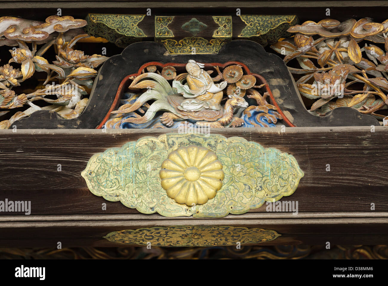 Religiöse aus Holz schnitzen auf Ninomaru Tempel, Kaiserpalast Kyoto, Japan Stockfoto