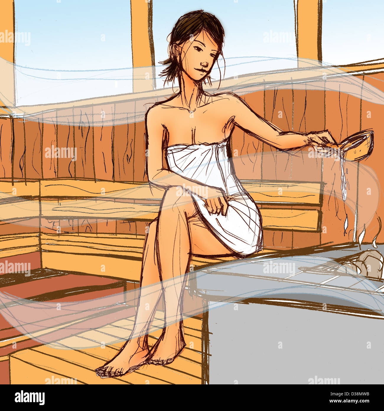 Frau sitzt in der sauna Stockfoto