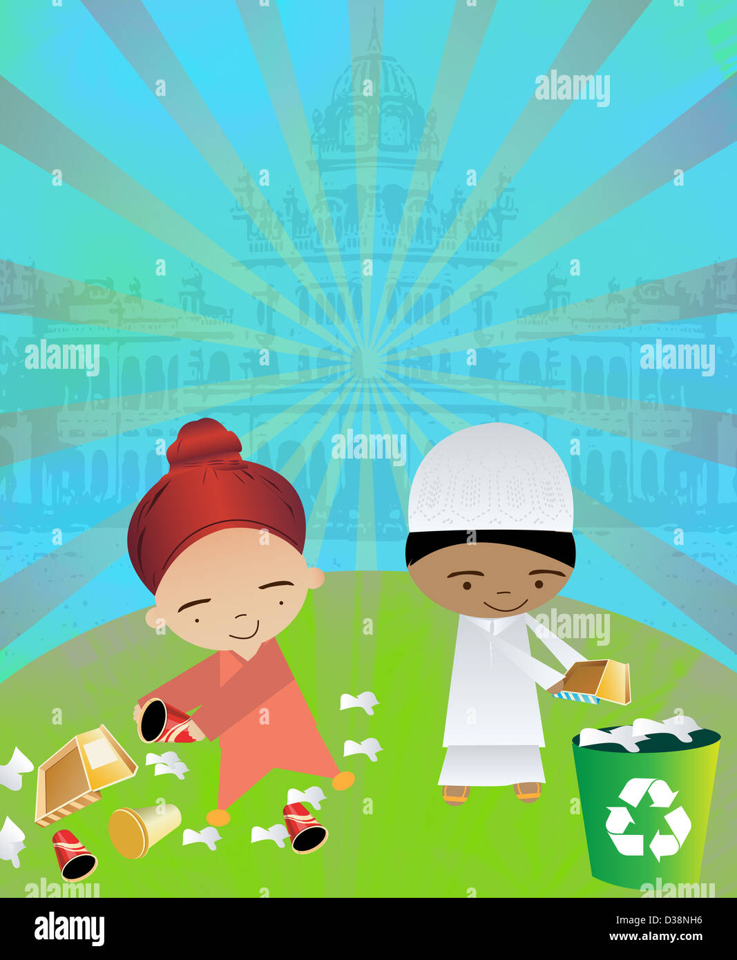 Jungs das Wegwerfen von Abfall in Recyclingbehälter Stockfoto